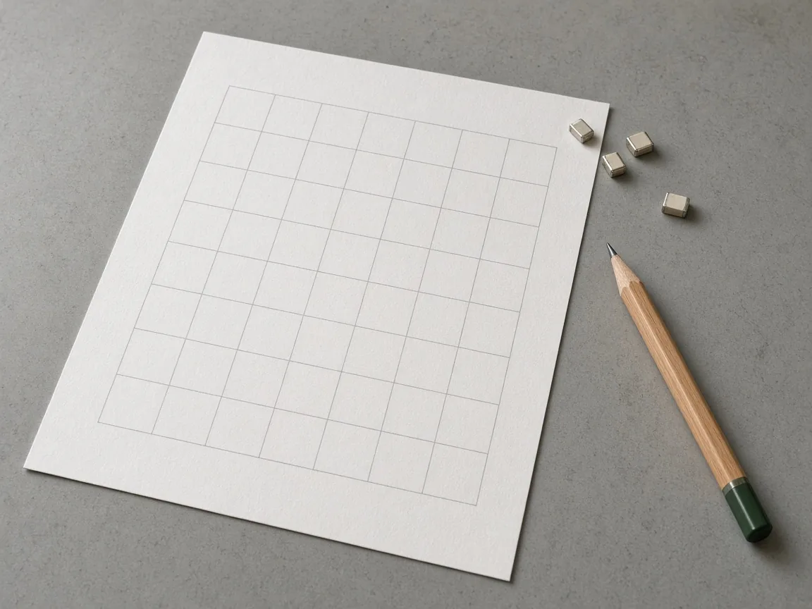 A blank grid on paper, a pencil, and four chip capacitors on a gray bench.