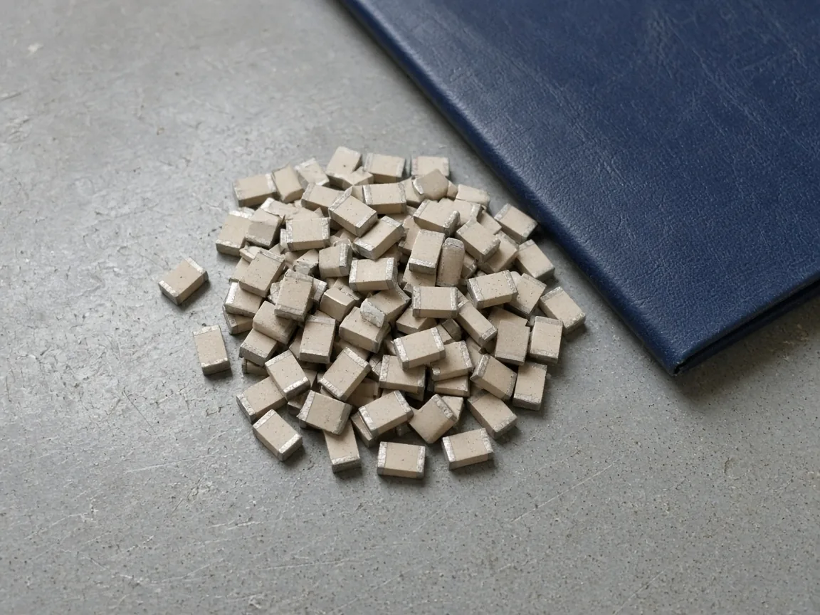 A pile of chip capacitors beside a closed blue folder on a gray bench.