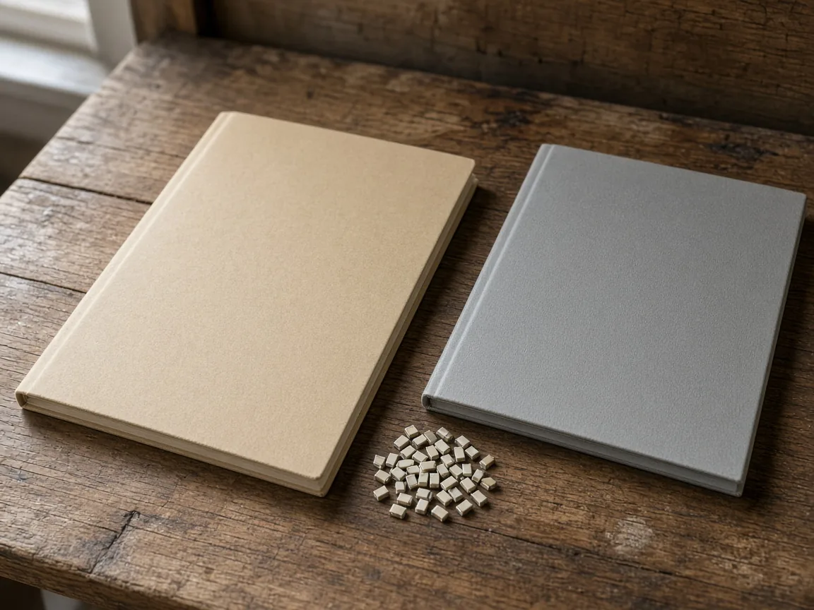 A tan folder and a gray folder beside a small pile of chip capacitors on a wooden bench.