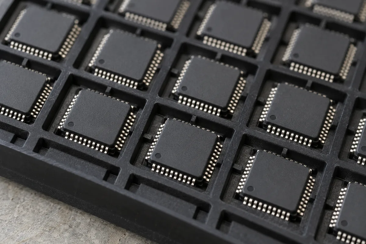 Macro of black quad flat IC packages sitting in a component tray.