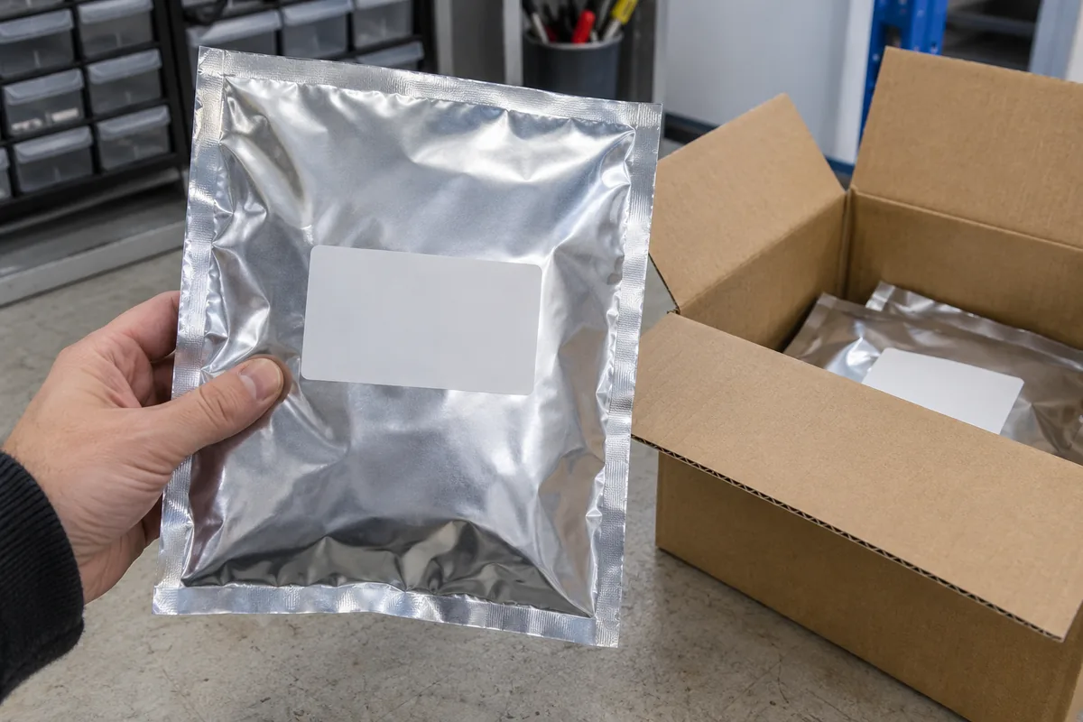 A hand holding a sealed silver moisture-barrier bag with a blank label next to an open cardboard box.