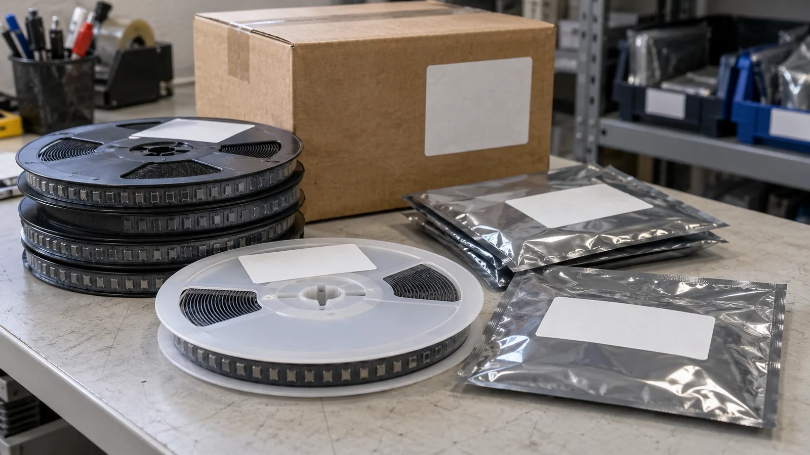 Component reels and resealed anti-static bags with blank labels on a receiving bench, cardboard shipping box behind.