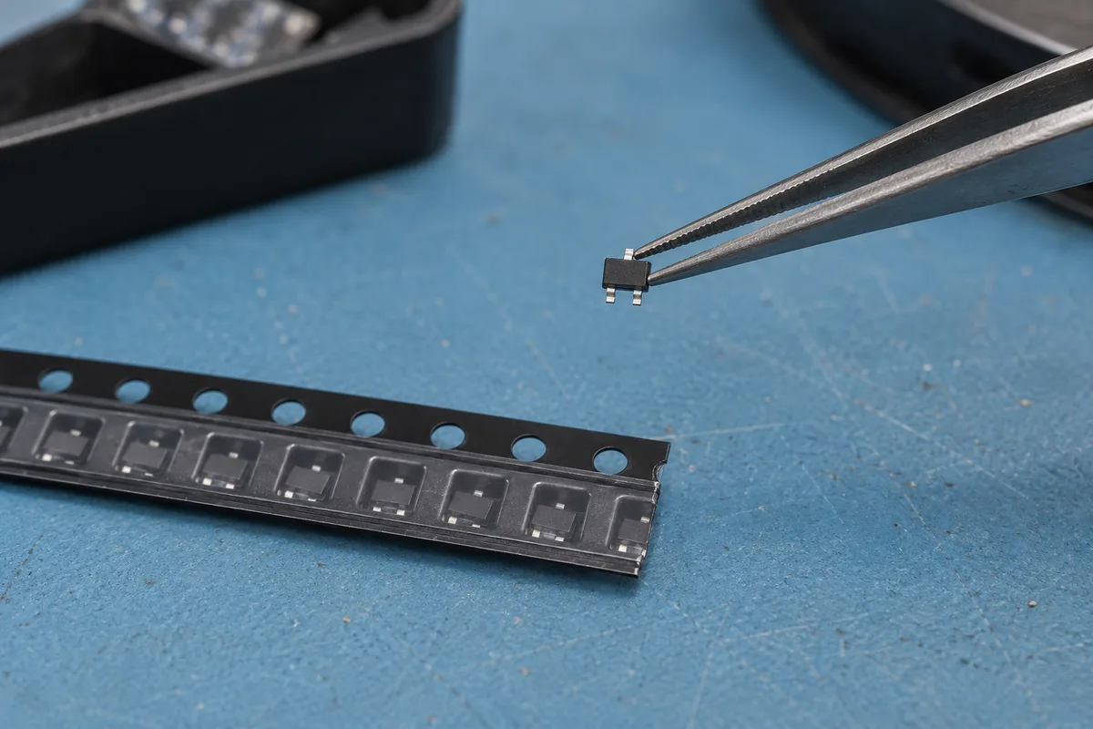 Tweezers holding a tiny SOT-23 component above a strip of cut carrier tape on an anti-static mat.