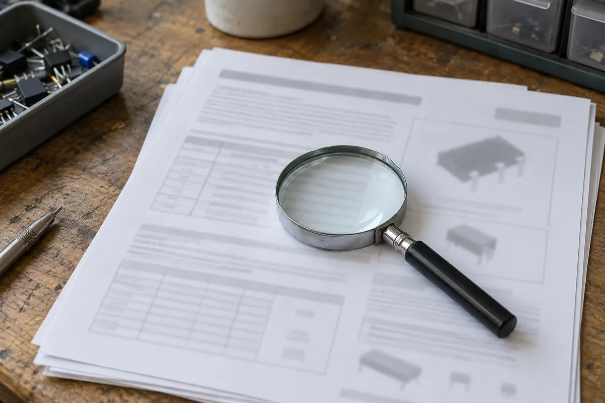 A magnifying glass resting on a stack of printed datasheet pages beside a parts tray.
