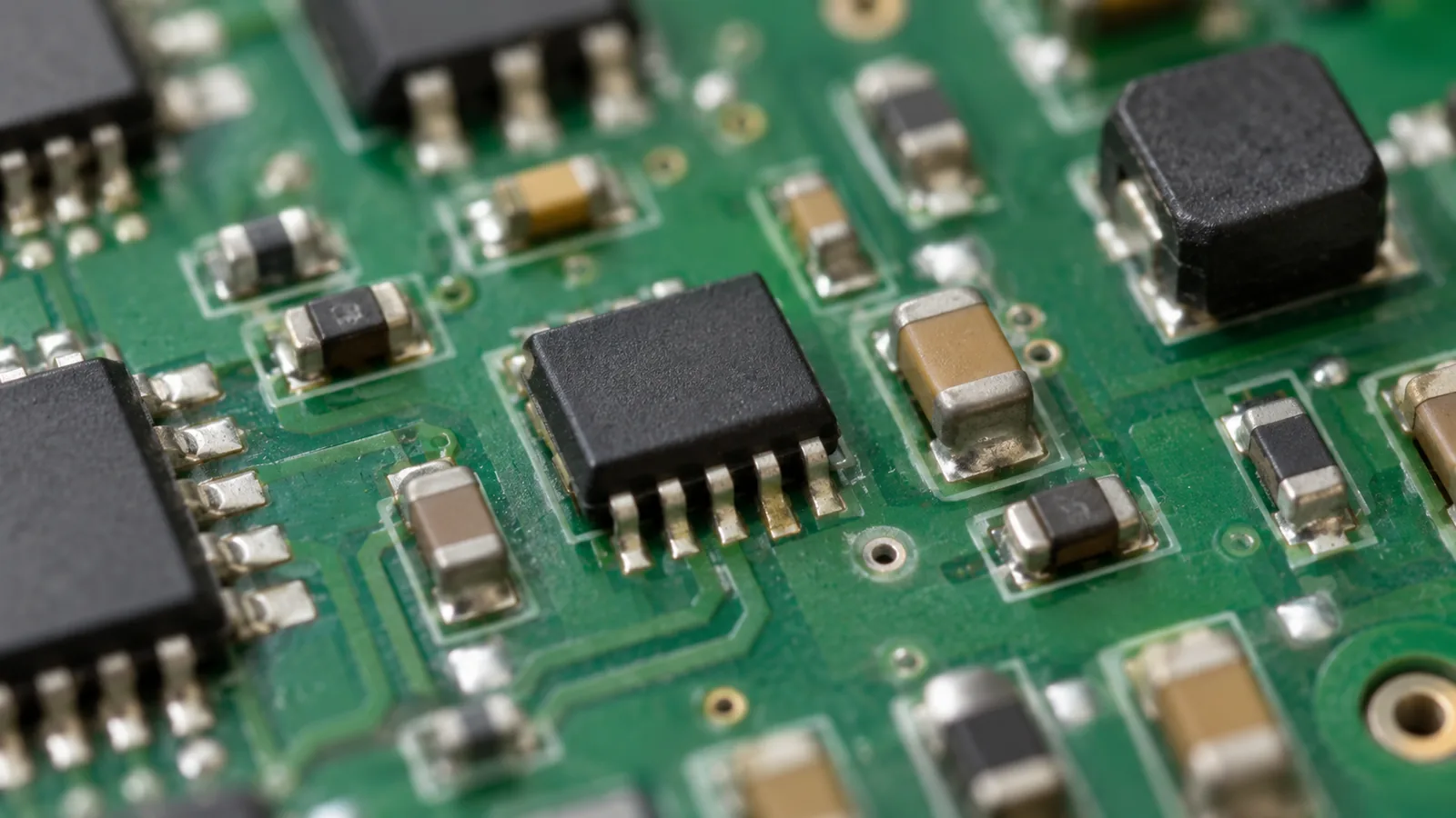 Macro of small surface-mount components on a green circuit board.