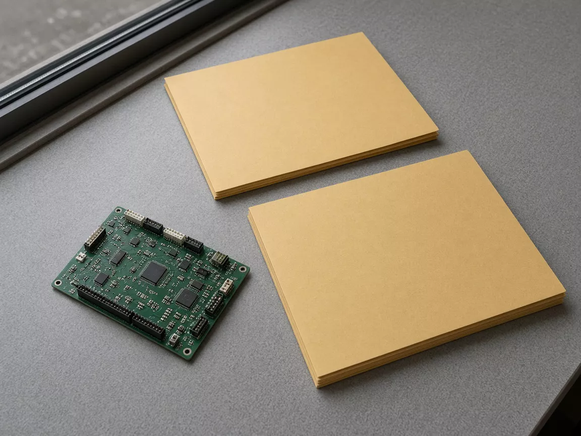 Two stacks of blank paper beside an unpowered circuit board on a gray bench.