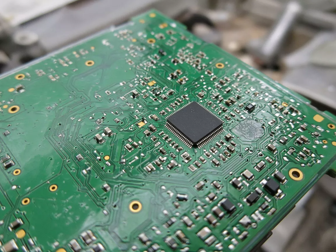 A glossy circuit board with a dull patch beside a black square component.