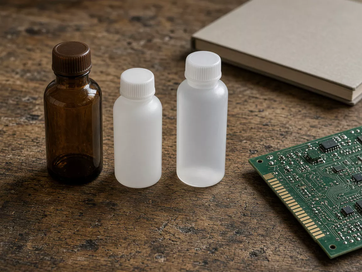 Three unlabeled bottles and a closed book beside the corner of a circuit board.