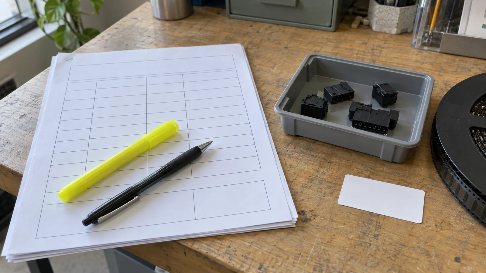 Printed multi-page notice with blank form boxes beside a tray of small black connectors and a tape reel on a desk.