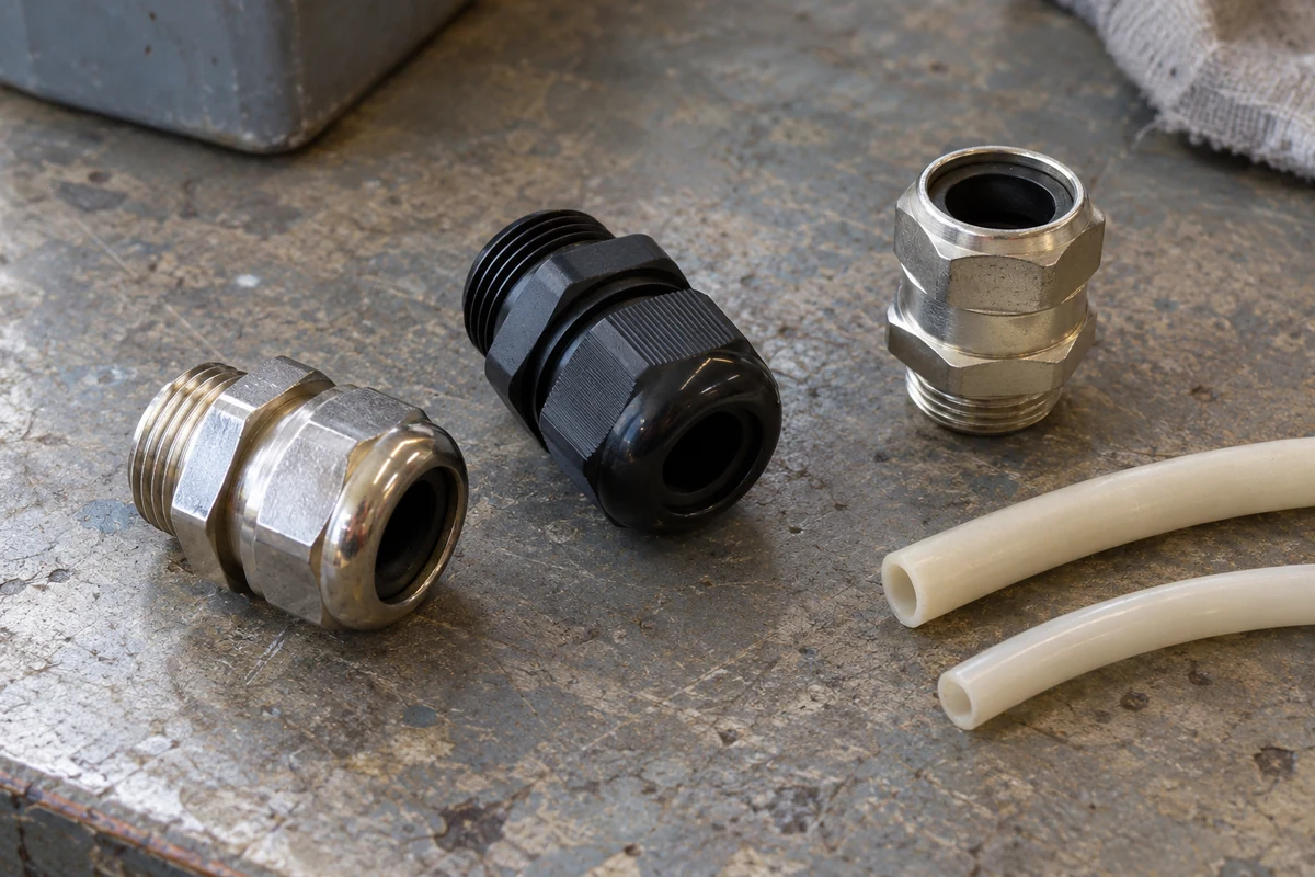 Loose cable glands and disconnected tubing on a maintenance bench