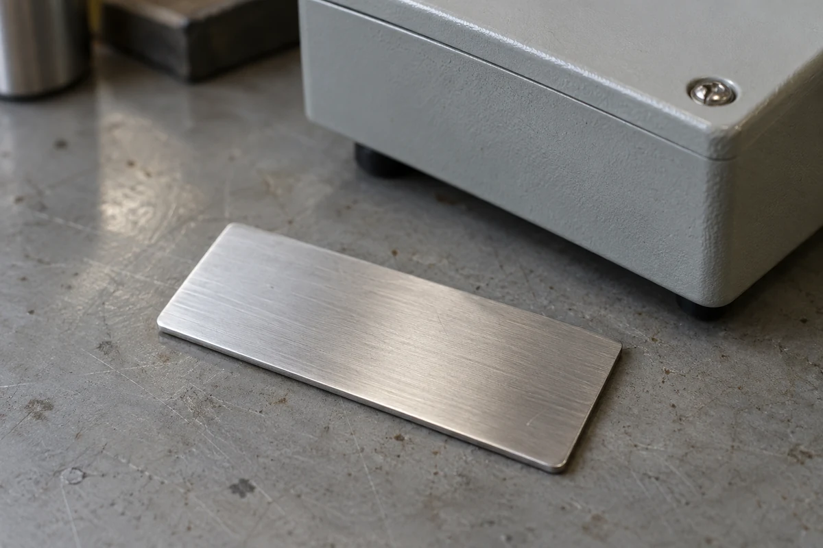Blank metal nameplate beside a closed instrument casing