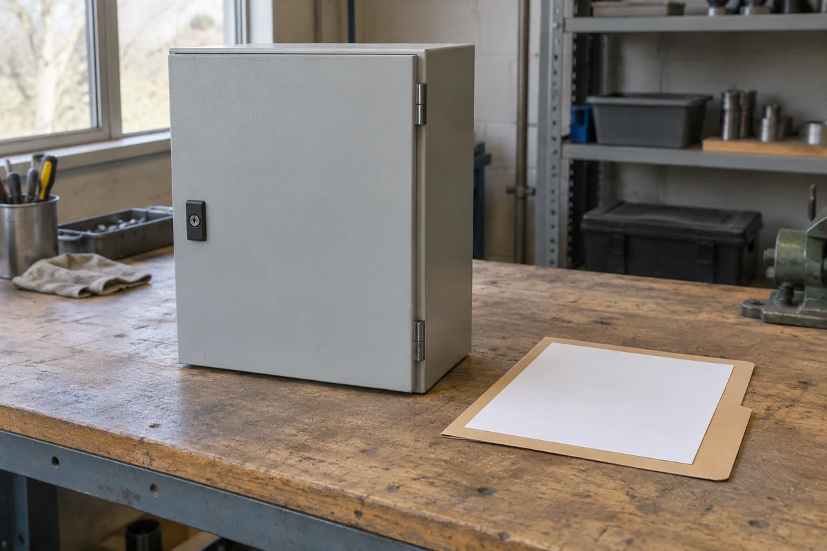 Closed analyzer cabinet with a folder on a workshop bench