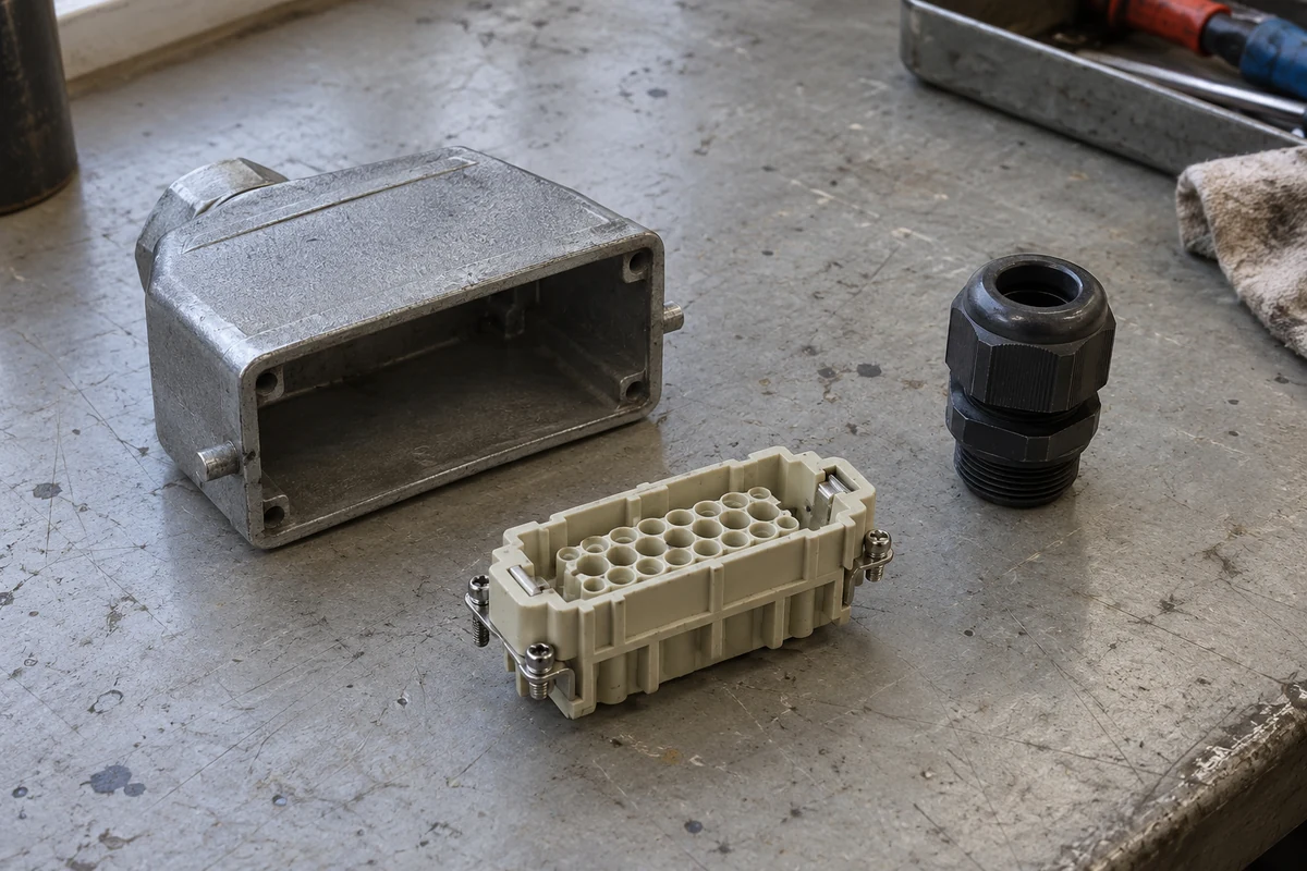 Connector housing and separate carrier and cable gland on a bench