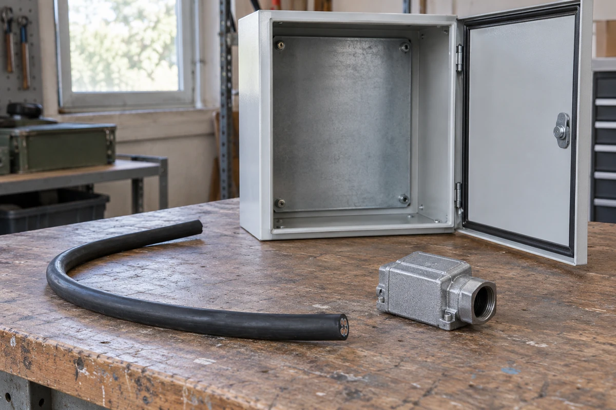 Loose cable and disconnected connector hood beside an empty cabinet