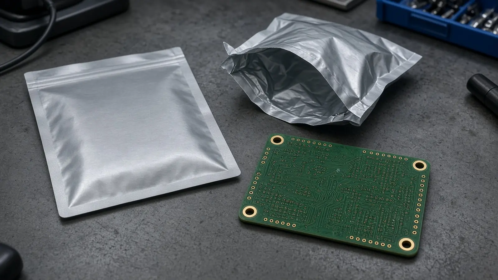 A sealed silver bag, an opened silver bag, and a blank green board on a bench