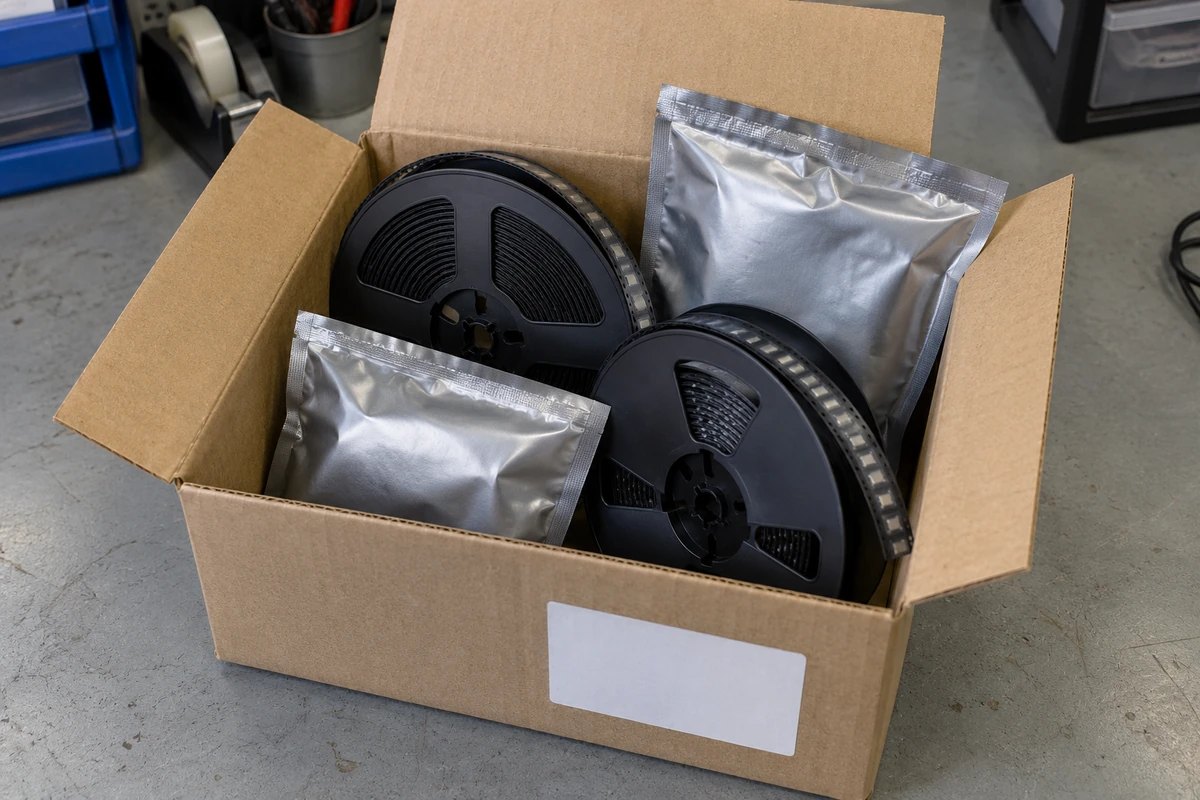 Component reels and sealed antistatic bags in a receiving box