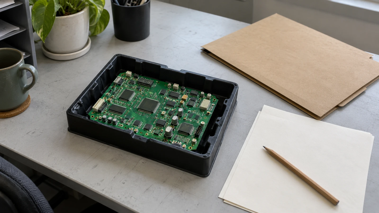 Example: Circuit board and planning papers on a procurement desk