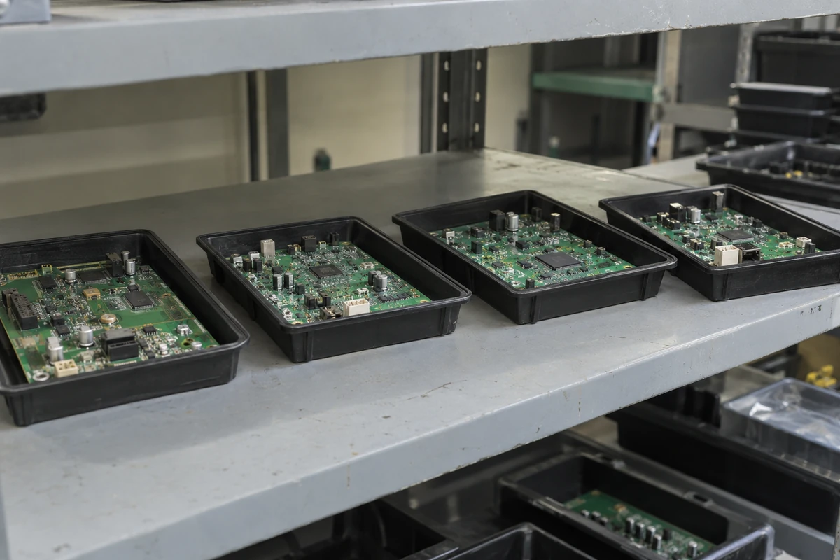 PCB assemblies in antistatic trays on a factory shelf