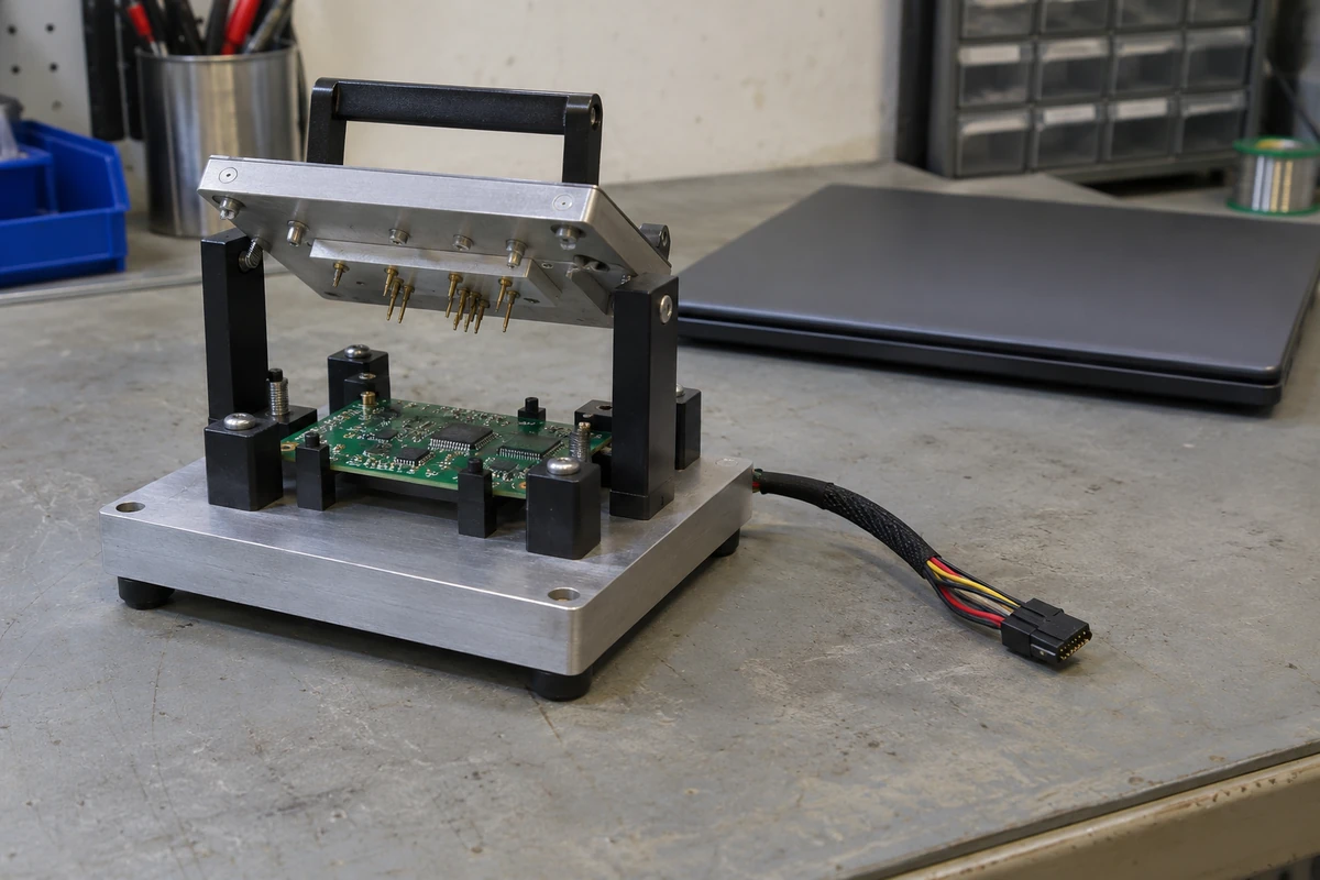 Disconnected circuit-board test fixture on a workbench