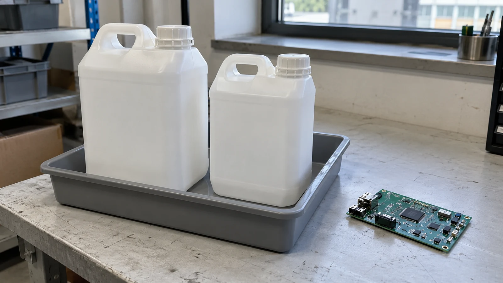 Example: Sealed containers and a circuit board beside a receiving tray