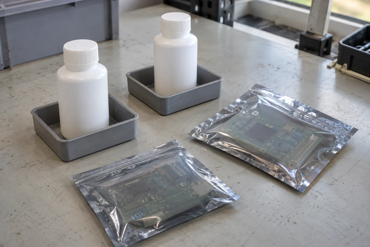 Sealed sample bottles beside packaged circuit boards