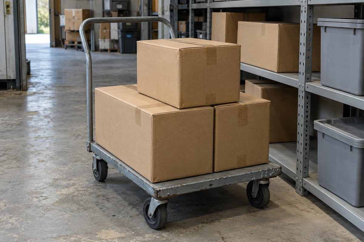 Closed shipping boxes on a warehouse trolley