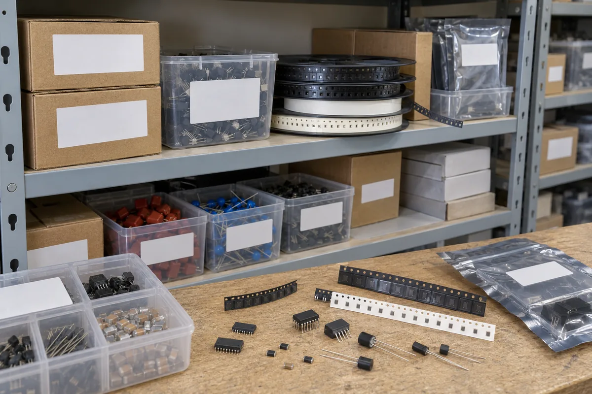 Shelves in a small stockroom with component boxes and strips of cut tape, labels blank.