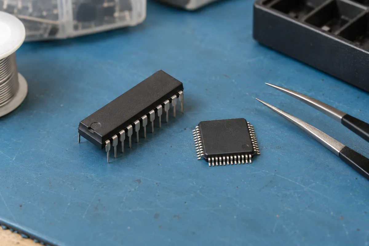 Two different IC packages side by side on an anti-static mat with tweezers.