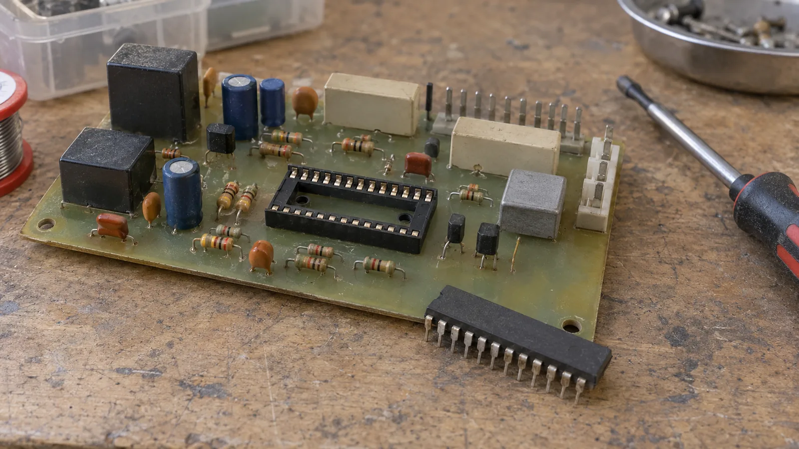 An older control board with an empty IC socket and a removed DIP chip lying beside it on a workbench.