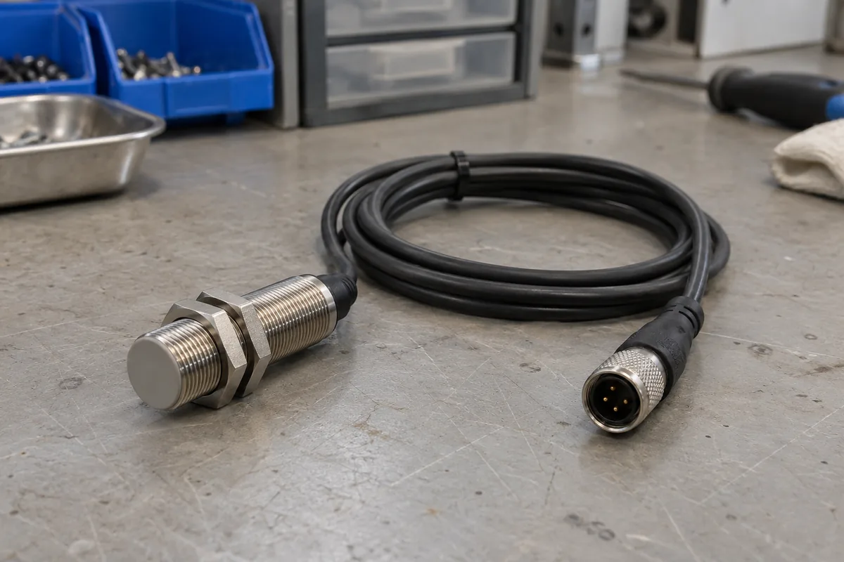 An inductive proximity sensor with an M12 connector and coiled cable lying on a workbench.
