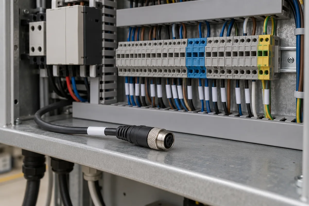 A sensor cable connector near terminal blocks inside an open control cabinet.