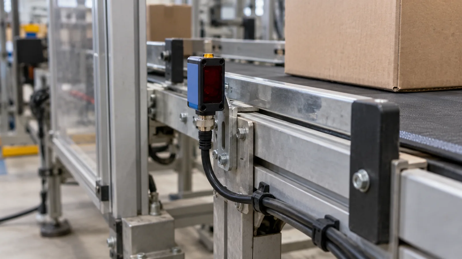 A photoelectric sensor mounted on the side of a stopped conveyor in a packaging machine, its cable routed along the frame.