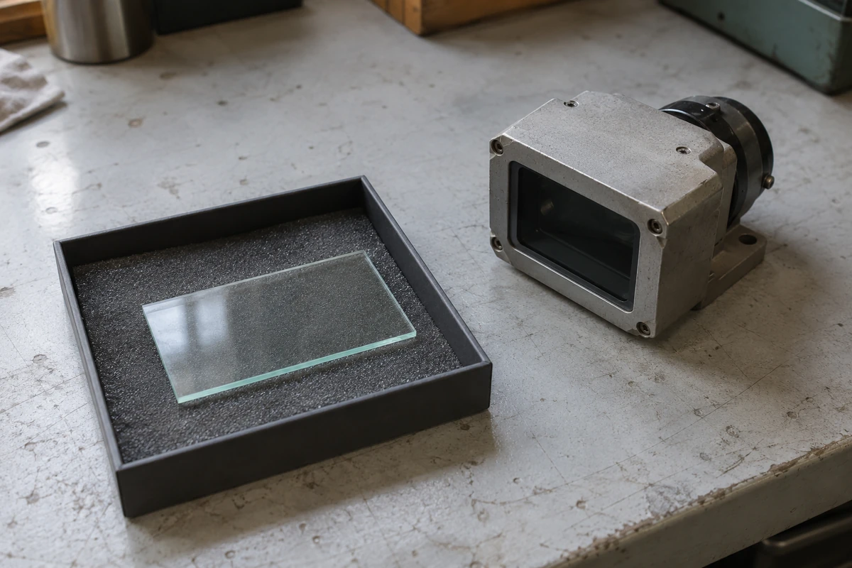 Protective glass plate beside an optical housing