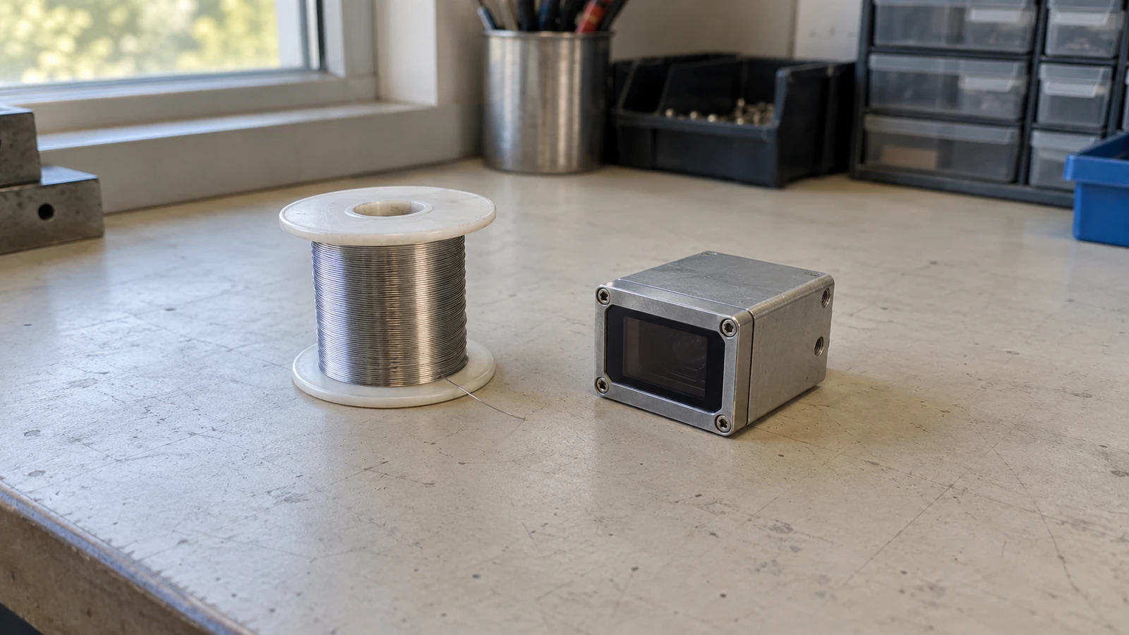 Example: Wire spool and an unpowered optical sensor on an inspection bench