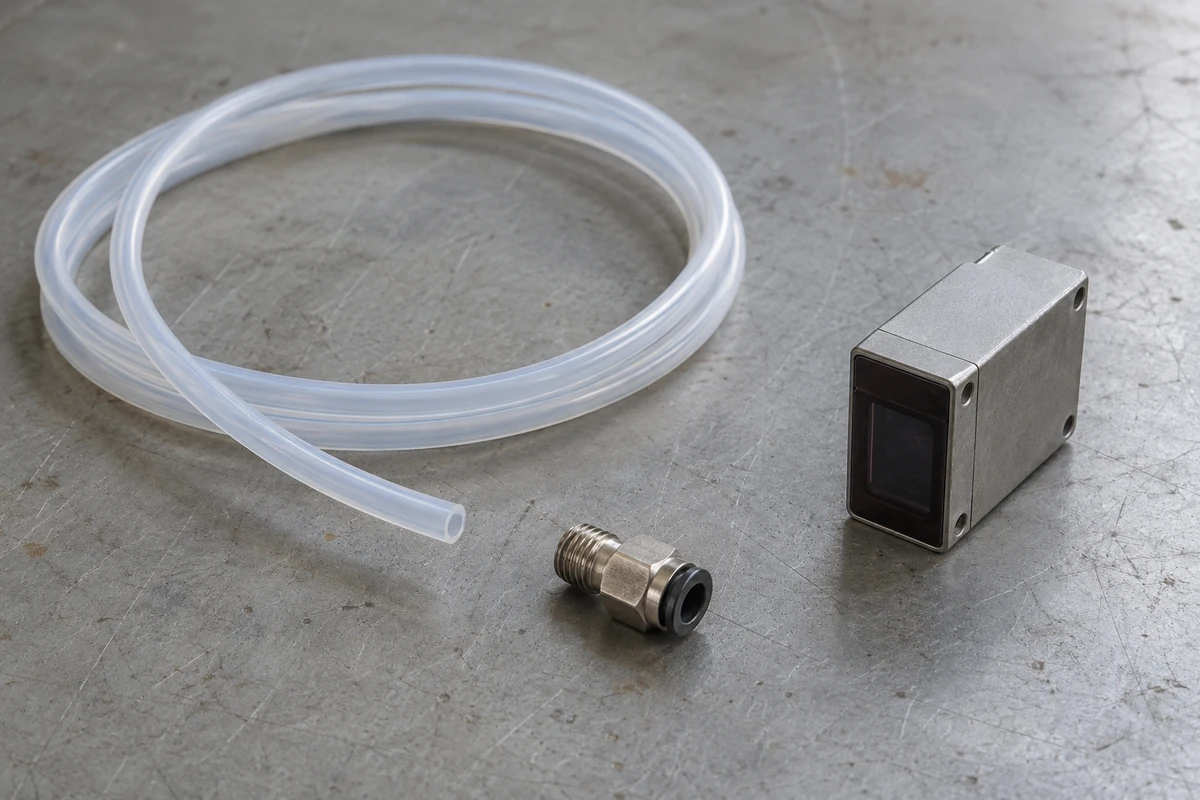 Disconnected pneumatic tube and air fitting beside a sensor housing