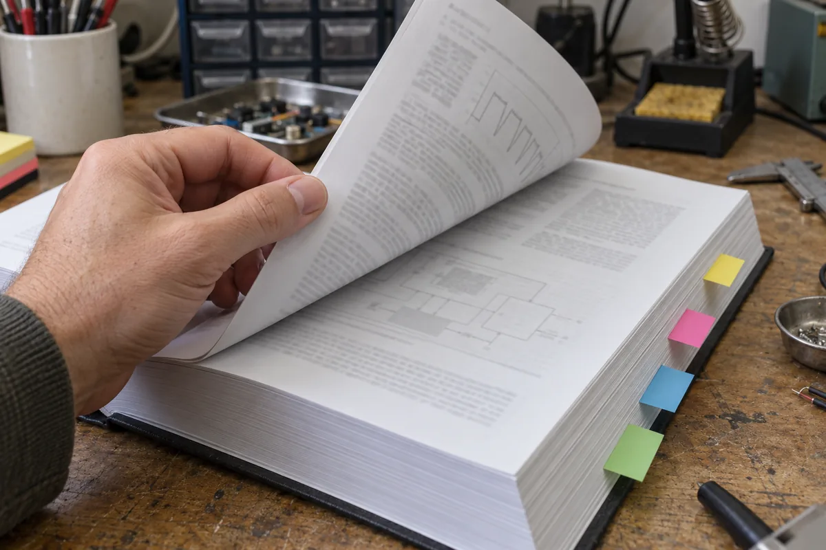 A hand flipping through a thick printed datasheet with colored sticky tabs.