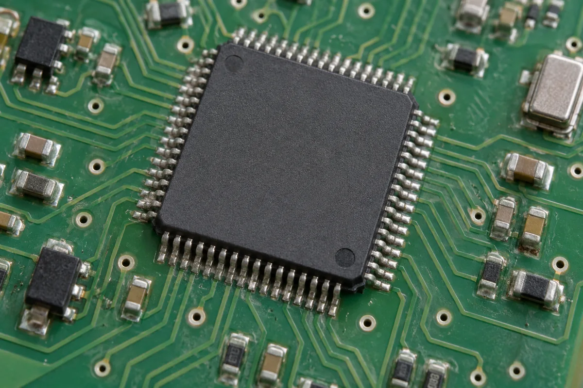 Close-up of a square QFP microcontroller package on a green circuit board.