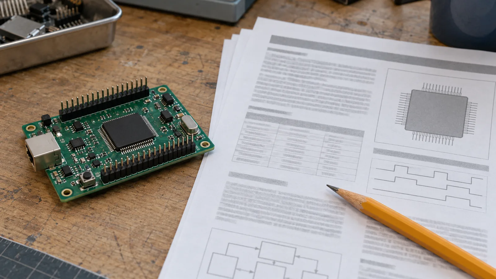 A microcontroller development board on a desk next to printed datasheet pages and a pencil.