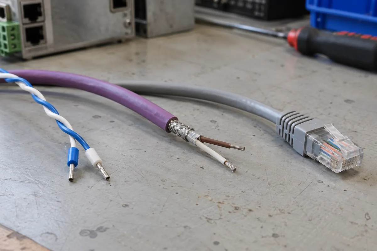 Three cables lying on a bench: a twisted-pair cable with ferrules, a shielded fieldbus cable and an Ethernet patch cable.