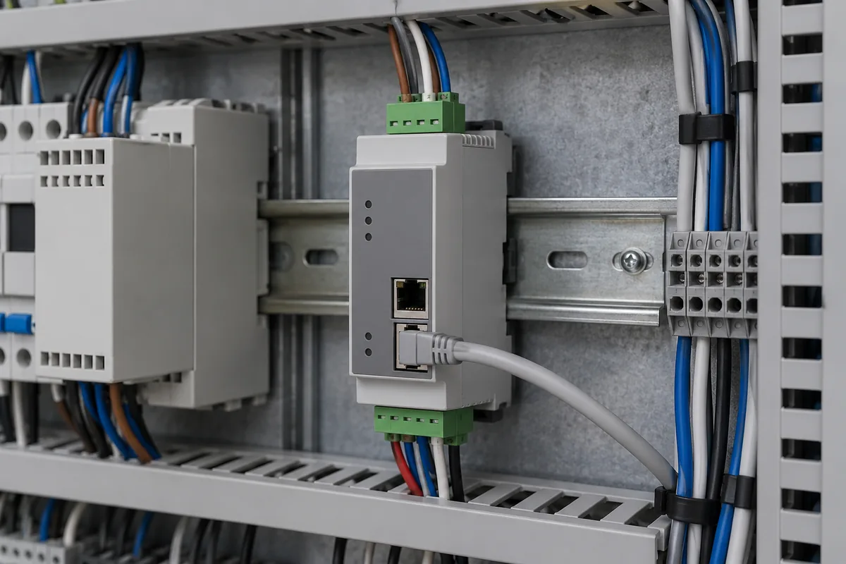 A small DIN-rail gateway module with cables plugged in on both sides inside a control cabinet.