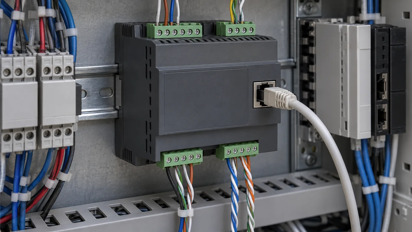 An industrial controller module on a DIN rail with screw terminal blocks, an RJ45 port and twisted-pair cables connected, inside a cabinet.