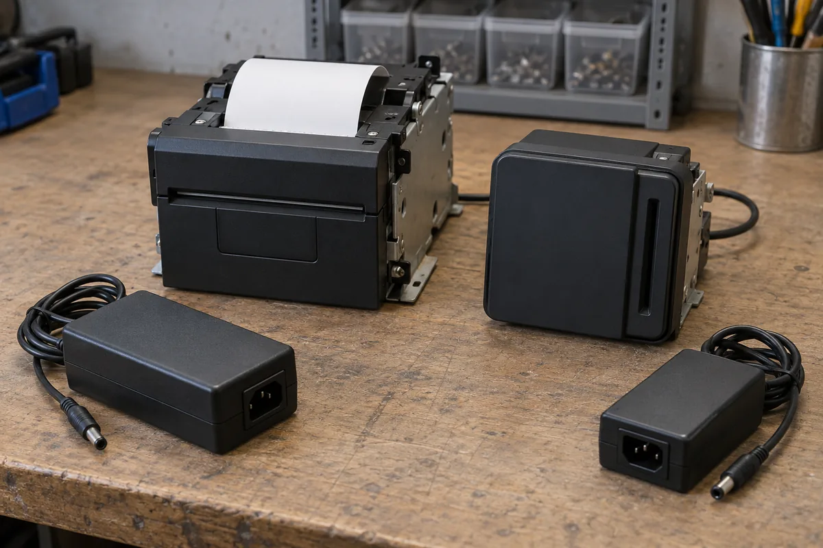 A receipt printer module and a card reader module with their external power adapters on a bench.