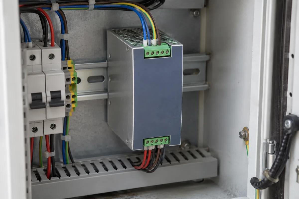 An enclosed DIN-rail power supply with wires connected inside a small cabinet.