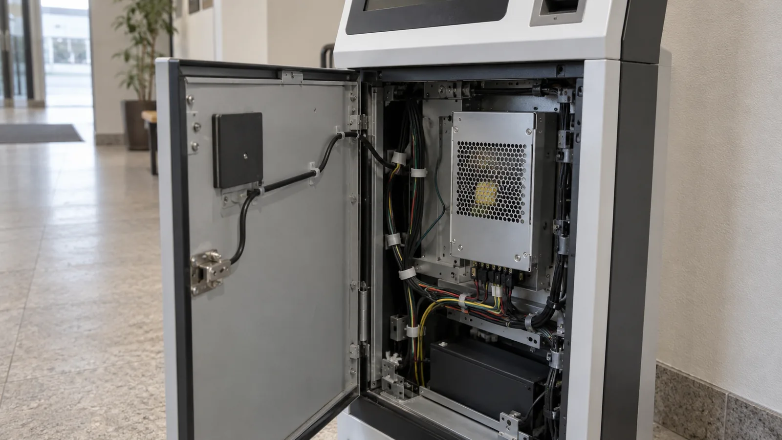 The open service door of a self-service kiosk showing an enclosed power supply and tied cable bundles, ordinary corridor.