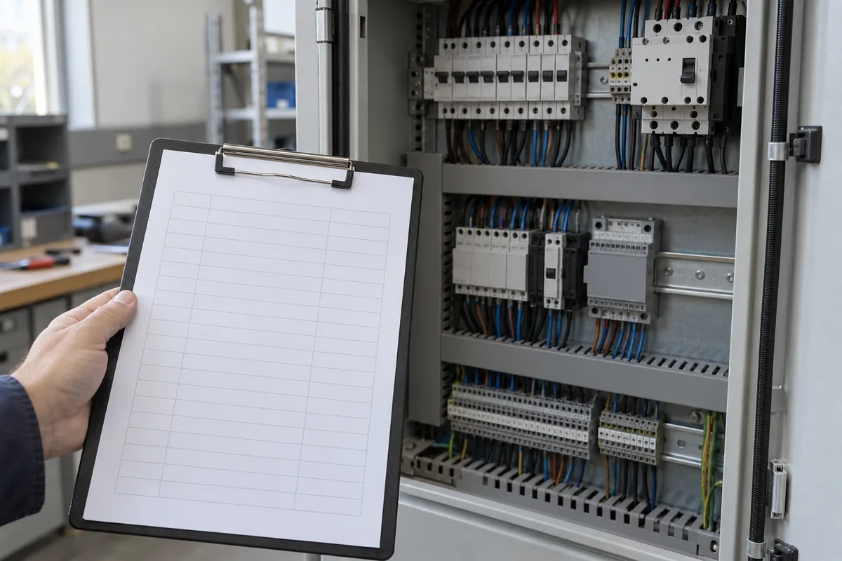 A hand holding a clipboard with a blank log sheet beside an equipment cabinet.