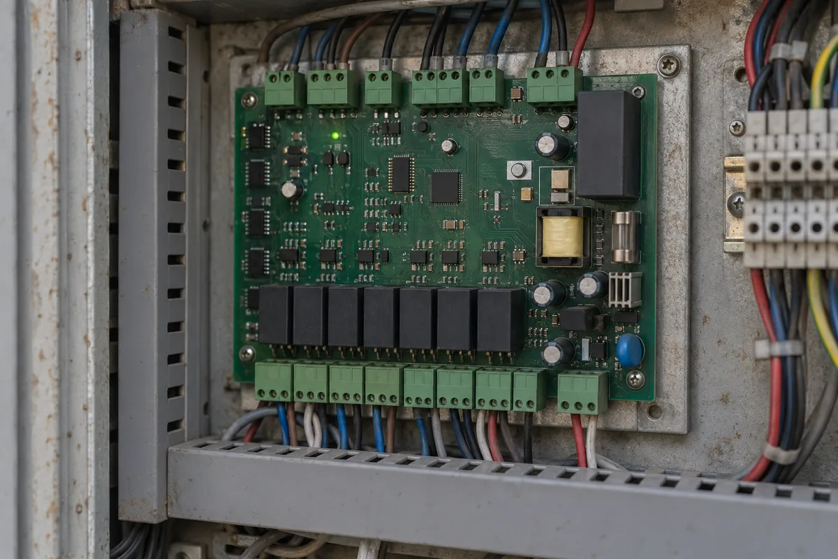 A control board mounted in an equipment cabinet with one small status LED softly lit.