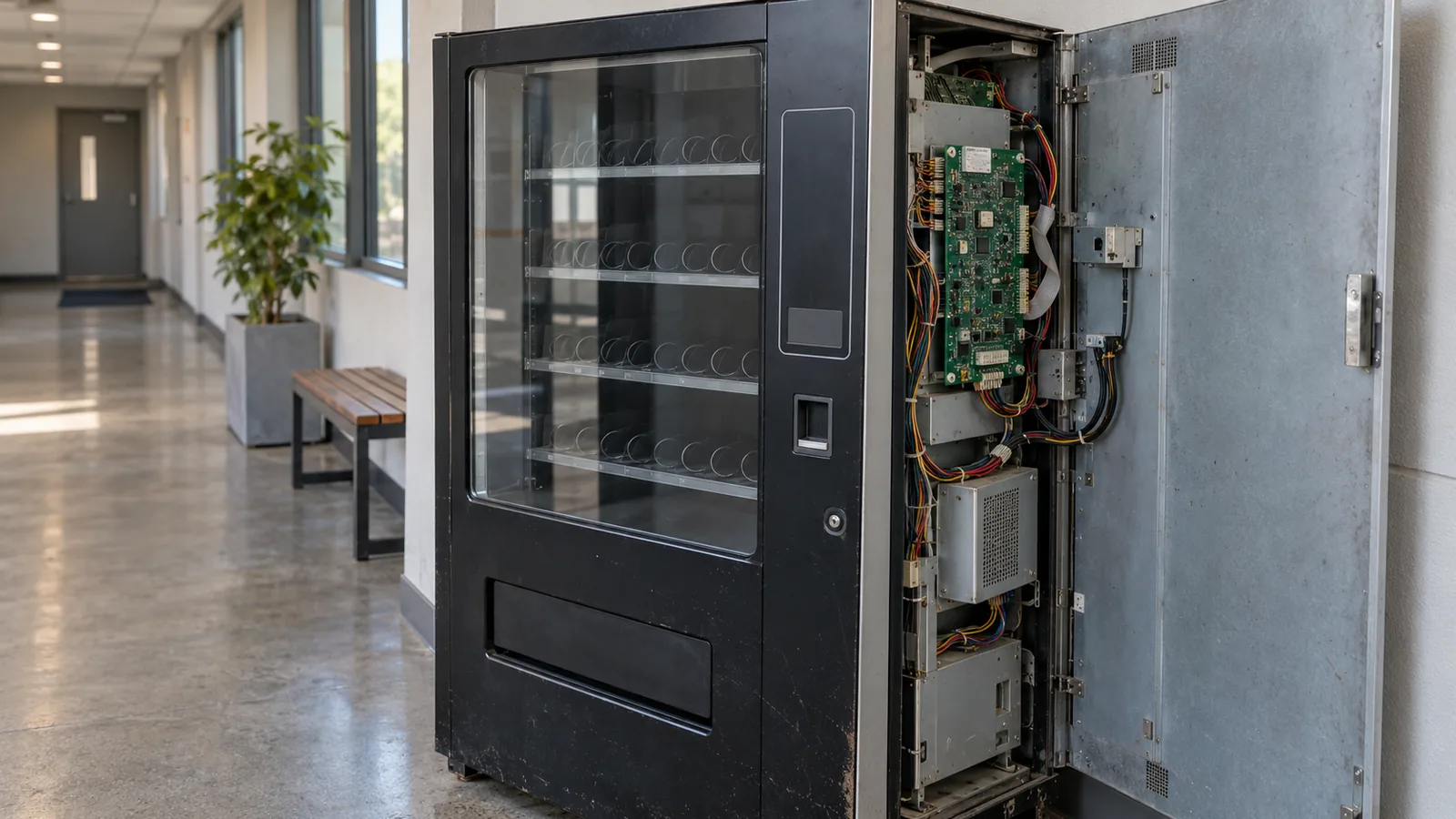An unattended vending machine in a corridor with its side panel open showing a control board, daylight.