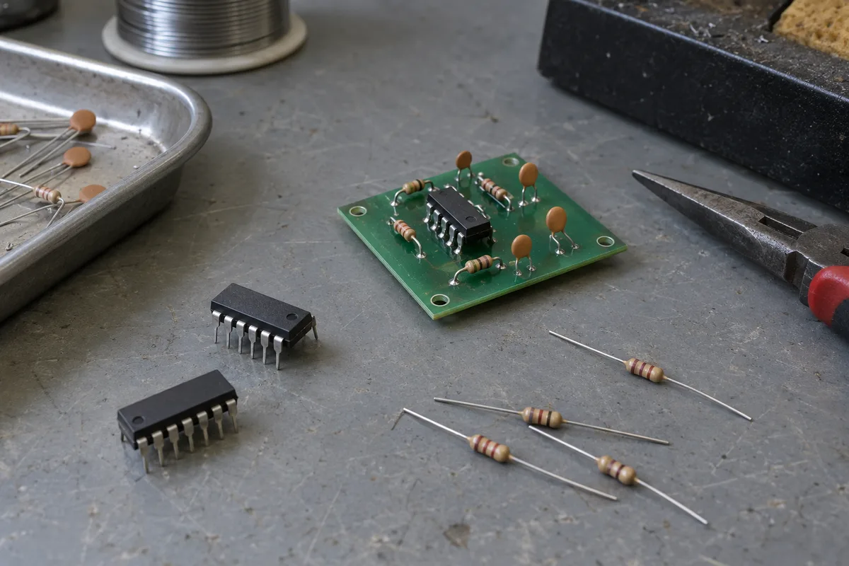 Loose resistors and integrated circuits beside a small circuit board on a worn workbench