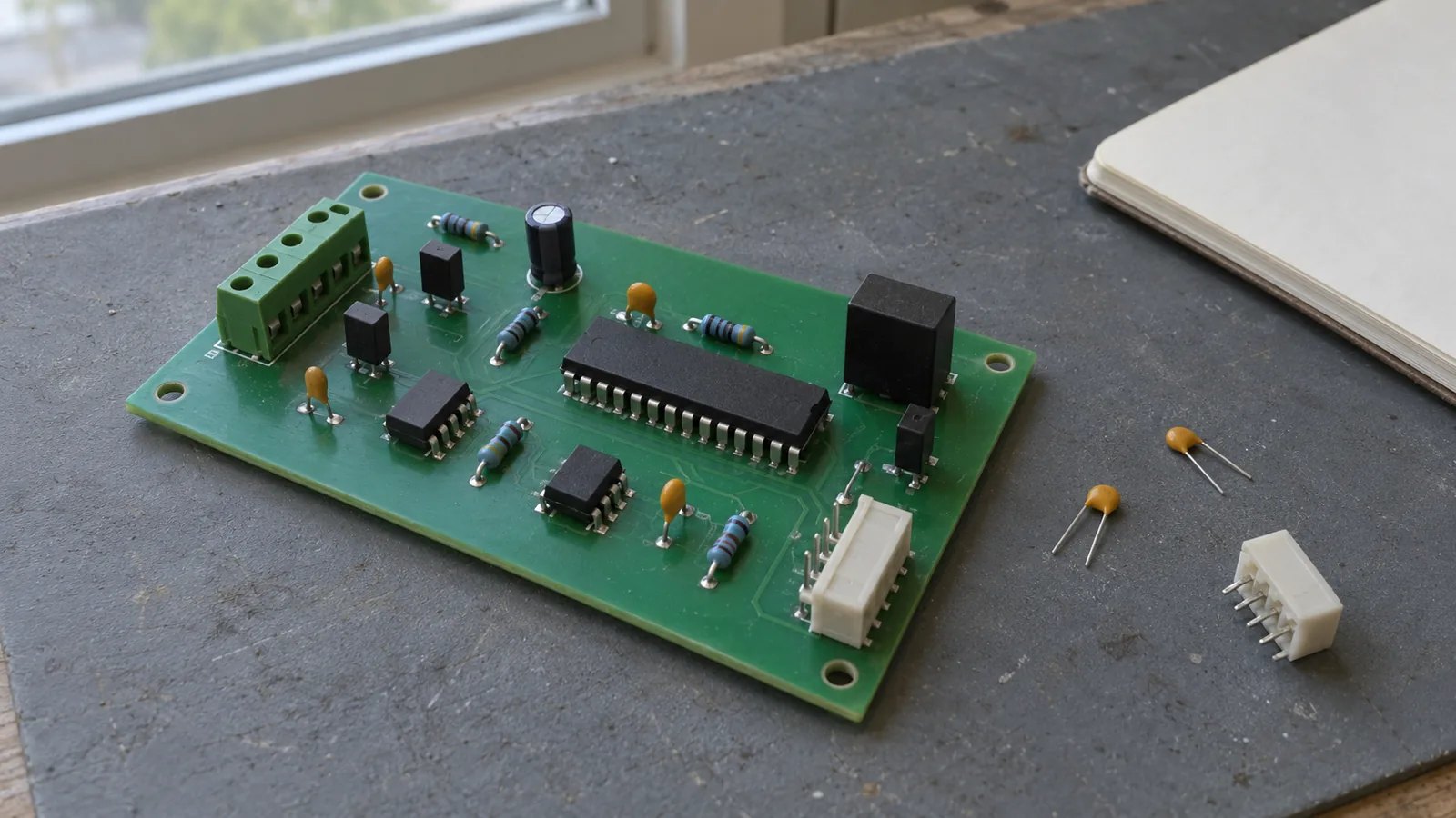 Unpowered control board and loose electronic components on a used documentation bench